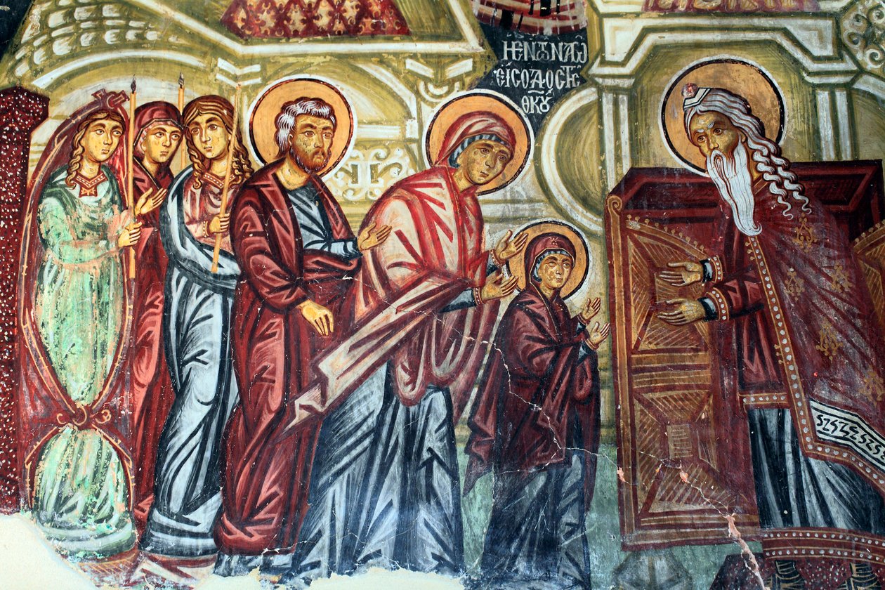 Fresque byzantine du 15ème siècle (détail), Présentation de Marie au Temple, Église de l