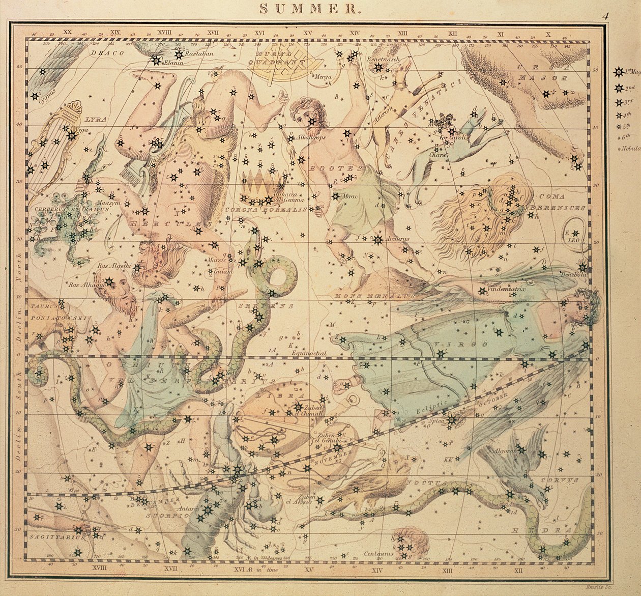 Carte céleste : Été, montrant les signes du zodiaque, les positions des étoiles et les instruments astrologiques, gravée par John Emslie (1813-75) - Unknown