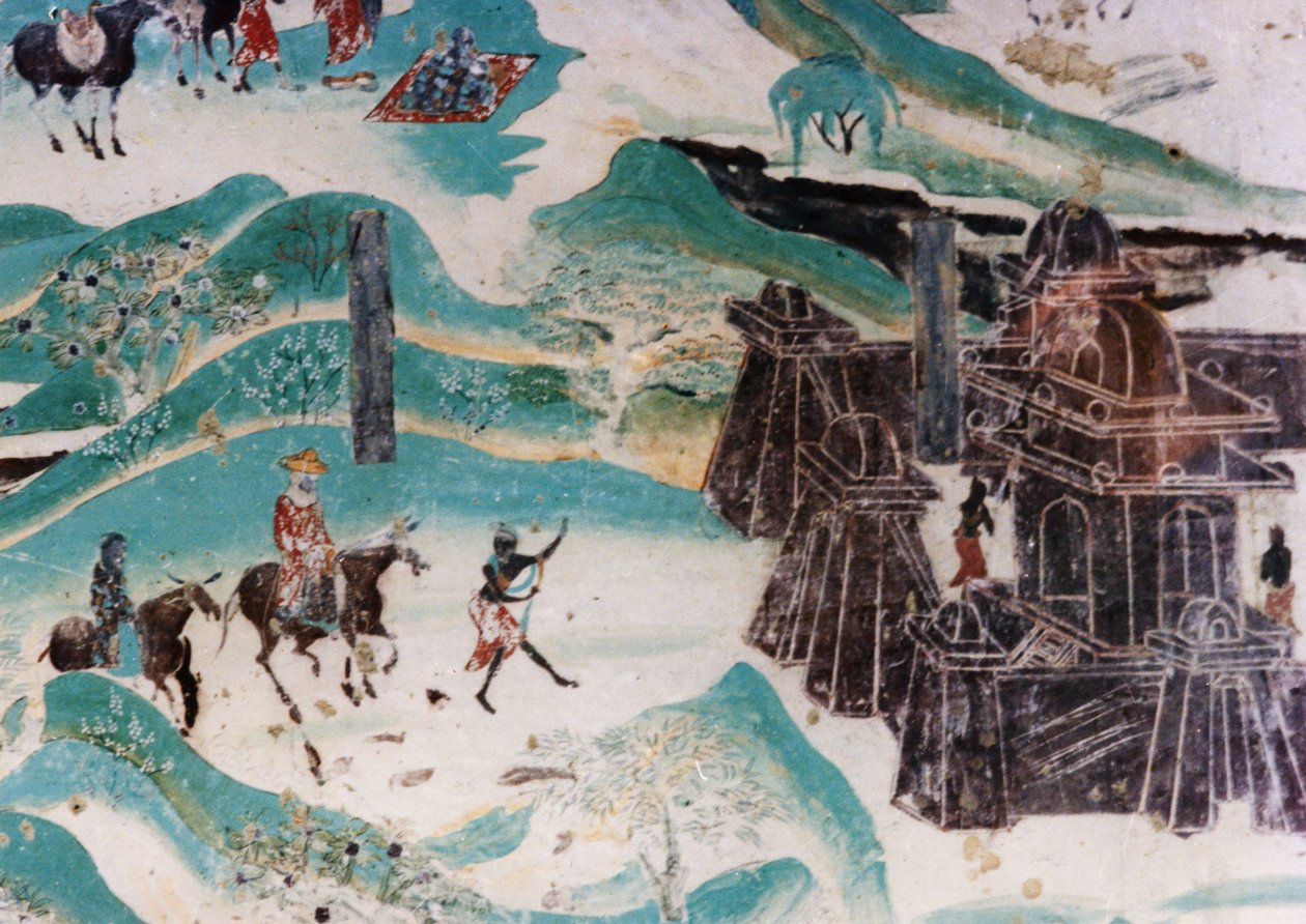(détail) Carte de la montagne Wutai (Wutaishan), peinture murale des Cinq Dynasties (907 - 960) dans les grottes de Dunhuang, représentant le style architectural typique des régions occidentales - Unknown