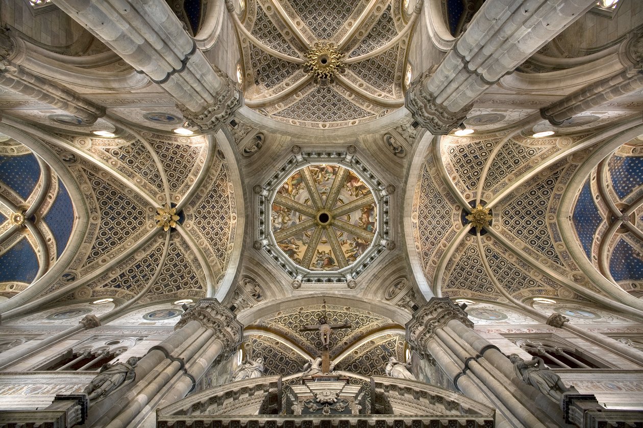 Vue du dôme et des voûtes dans le transept, Certosa di Pavia, Lombardie, Italie - Unknown