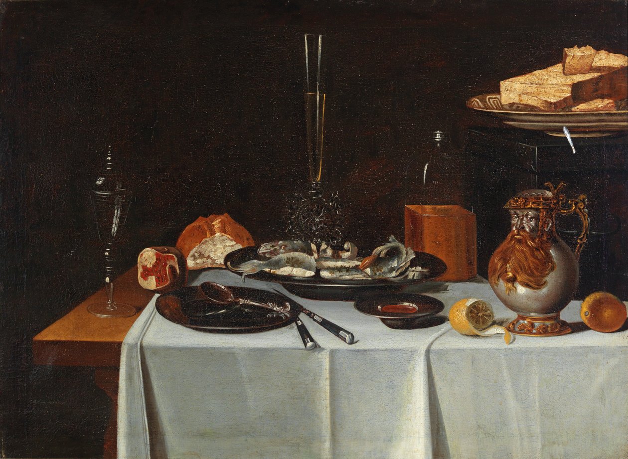 Banquet avec hareng et vases somptueux - Anonymous