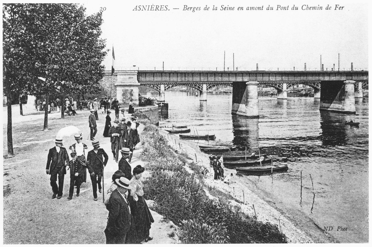 Asnières, rives de la Seine et le pont ferroviaire, vers 1900 - French Photographer