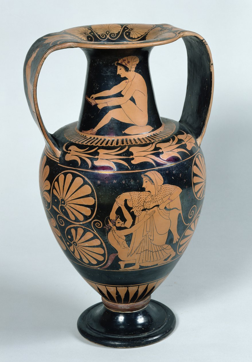 Amphore attique à figures rouges représentant une ménade et un satyre, par Panphaios - Greek