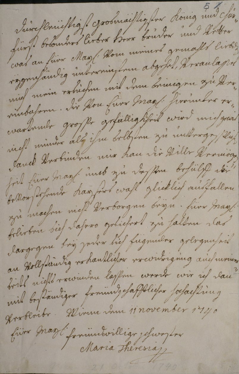 Une lettre de Marie-Thérèse au roi Frédéric II demandant son soutien pour l