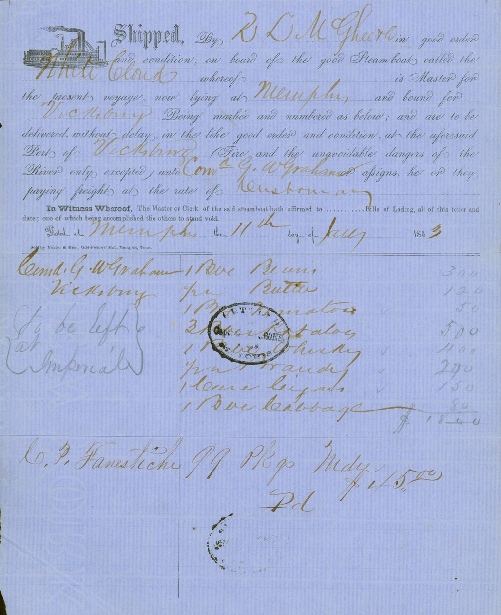 Document contenant le tampon du Capitaine Charles Parsons, quartier-maître adjoint à St. Louis - Unknown