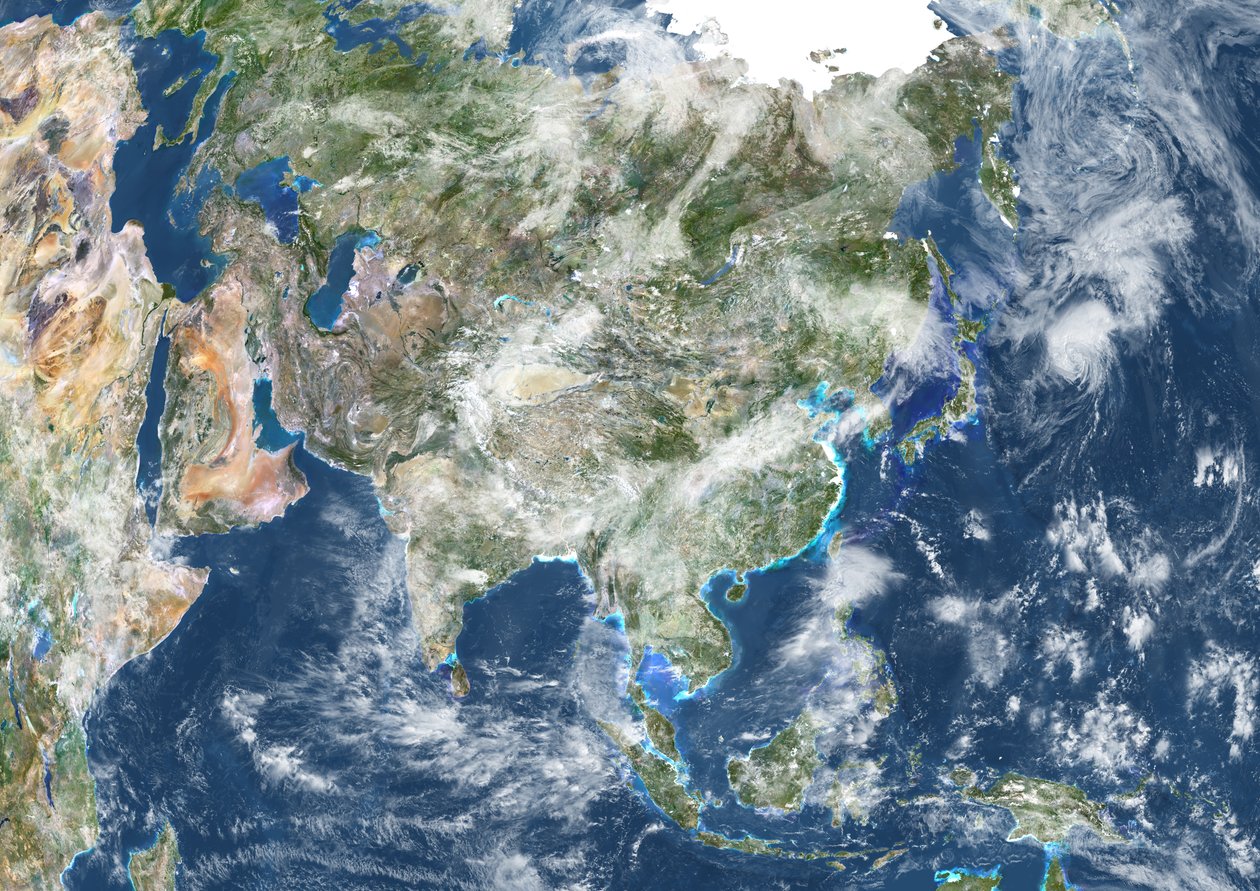 Asie avec couverture nuageuse, image satellite en vraies couleurs - Unknown
