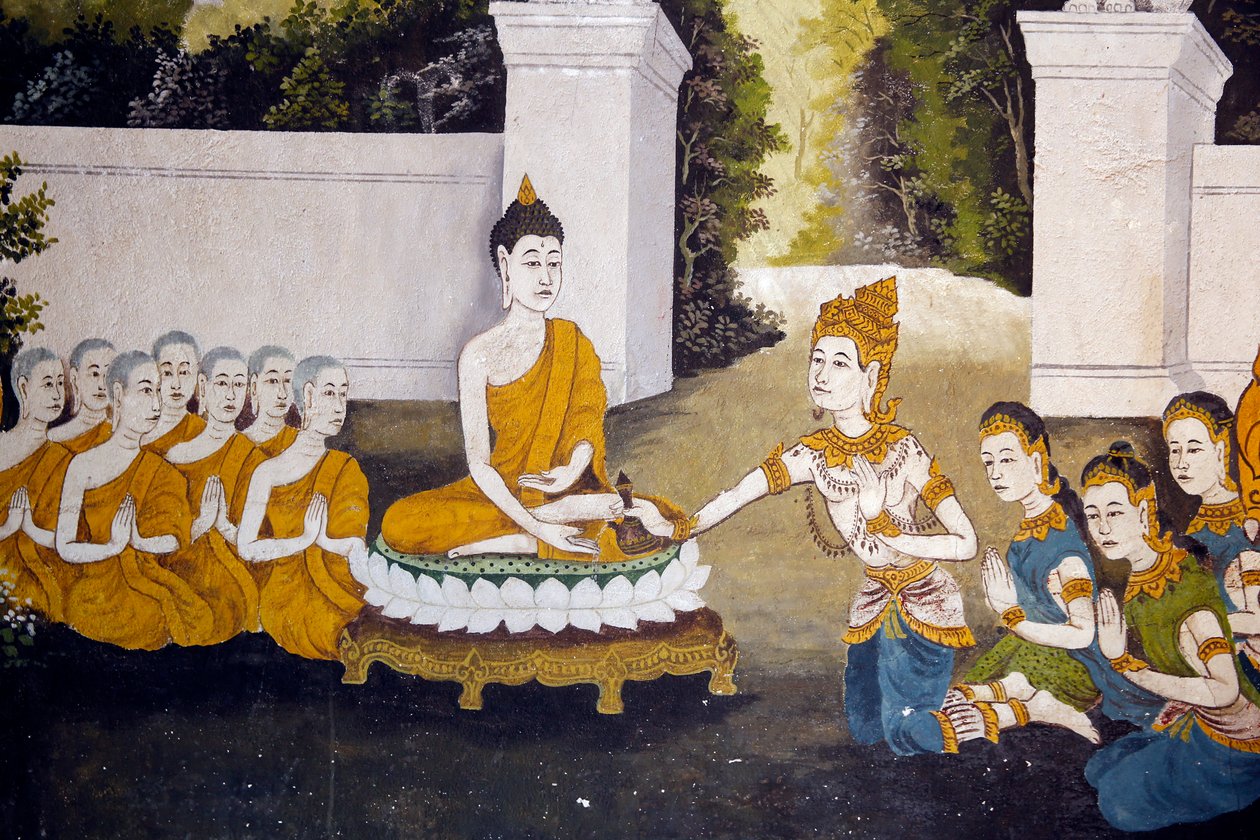 Fresque représentant une scène de la vie de Bouddha à Wat Phra Doi Suthep, Chiang Mai. Bouddha recevant des aumônes. Thaïlande - Unknown