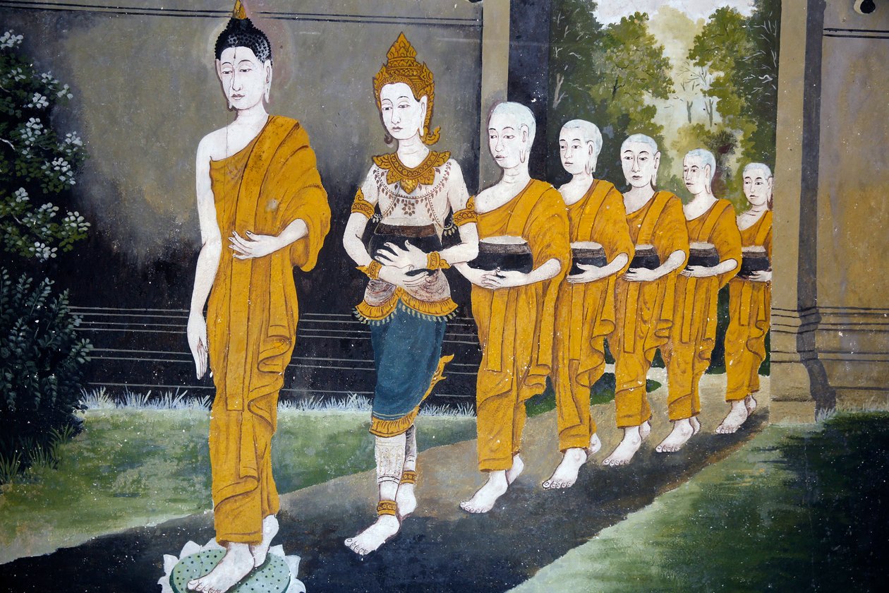 Fresque représentant une scène de la vie de Bouddha à Wat Phra Doi Suthep, Chiang Mai. Bouddha et moines en quête d