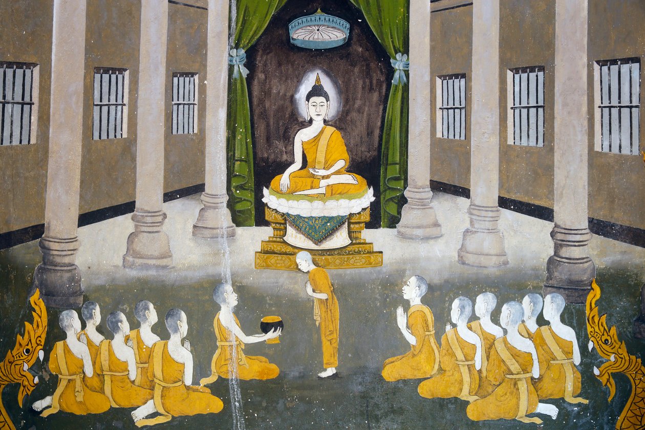 Fresque représentant une scène de la vie de Bouddha à Wat Phra Doi Suthep, Chiang Mai. Bouddha avec son sangha. Thaïlande - Unknown