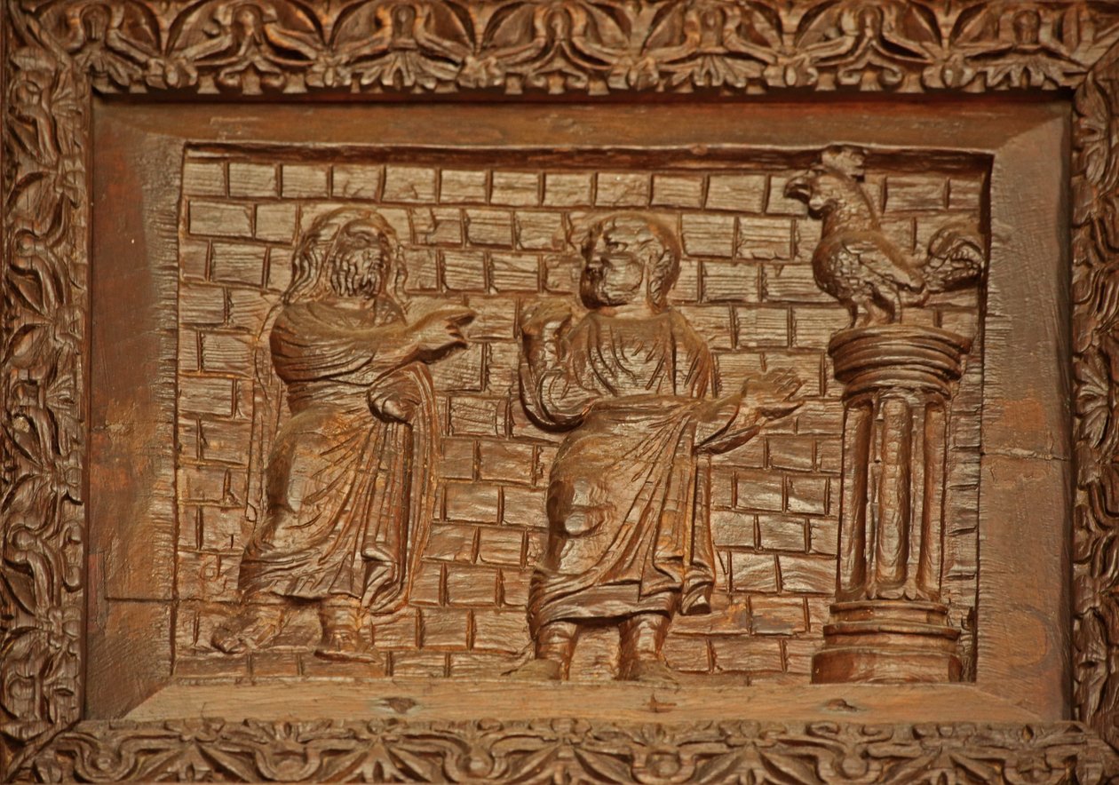 Panneau de la porte du 5ème siècle : Saint Pierre et le coq chantant - Unknown
