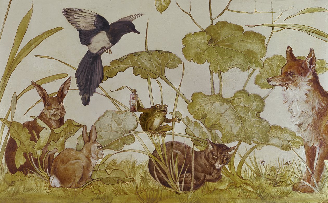 Papier peint dans le salon représentant les fables d