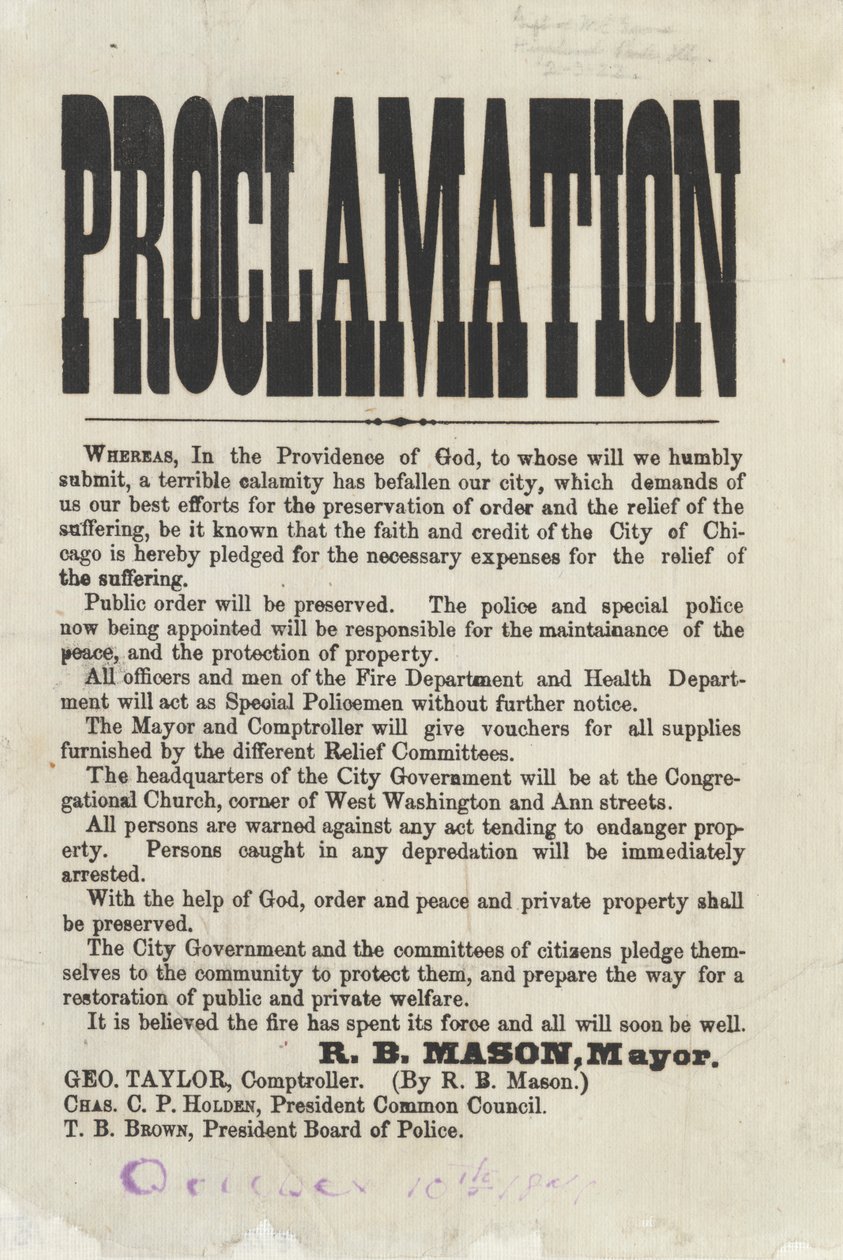 Première proclamation du maire de Chicago Roswell B. Mason concernant l