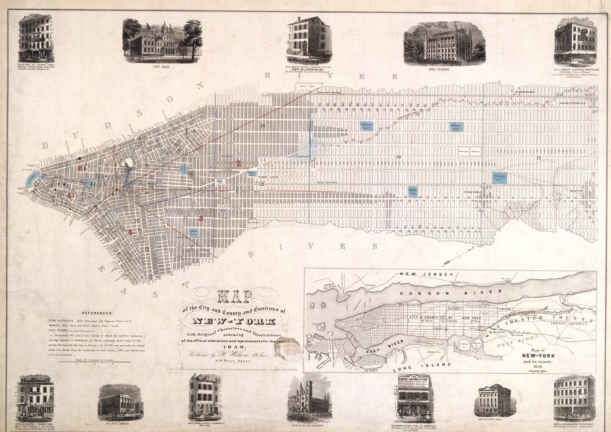 Carte de la ville et des environs du comté de New York avec des caractères et des illustrations originaux, 1850, 1850 (encre noire sur papier, monté sur toile) - American School