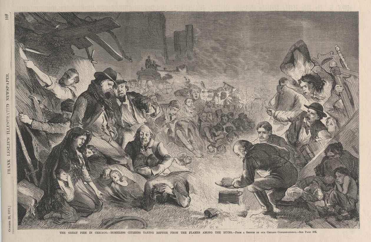 Le grand incendie de Chicago - citoyens sans abri se réfugiant parmi les ruines, illustration de Frank Leslie