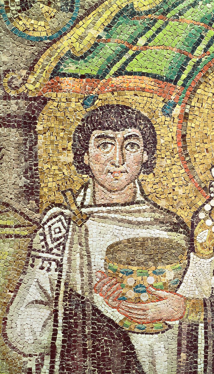 Impératrice Théodora avec sa cour de deux ministres et sept femmes, c.547 AD (mosaïque) (détail) - Byzantine School