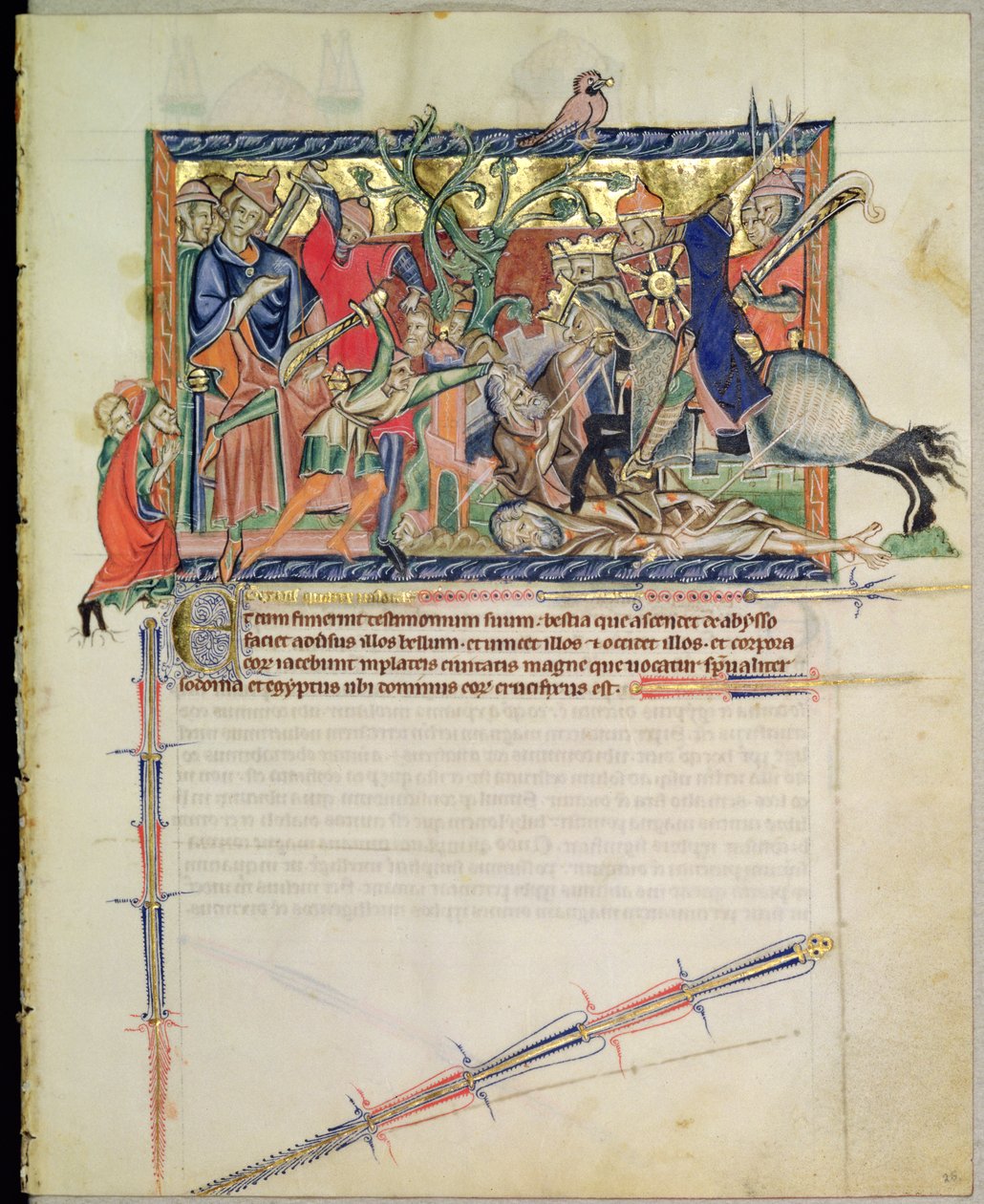 Exterminans regardant les cavaliers piétiner les deux témoins, du Gulbenkian Apocalypse, c.1265-70 - English School