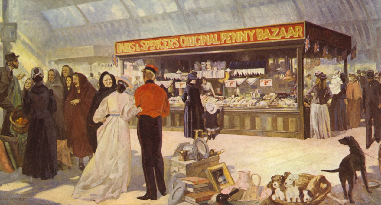 Le type original de Penny Bazaar ouvert dans le hall du marché public, 1890 - English School