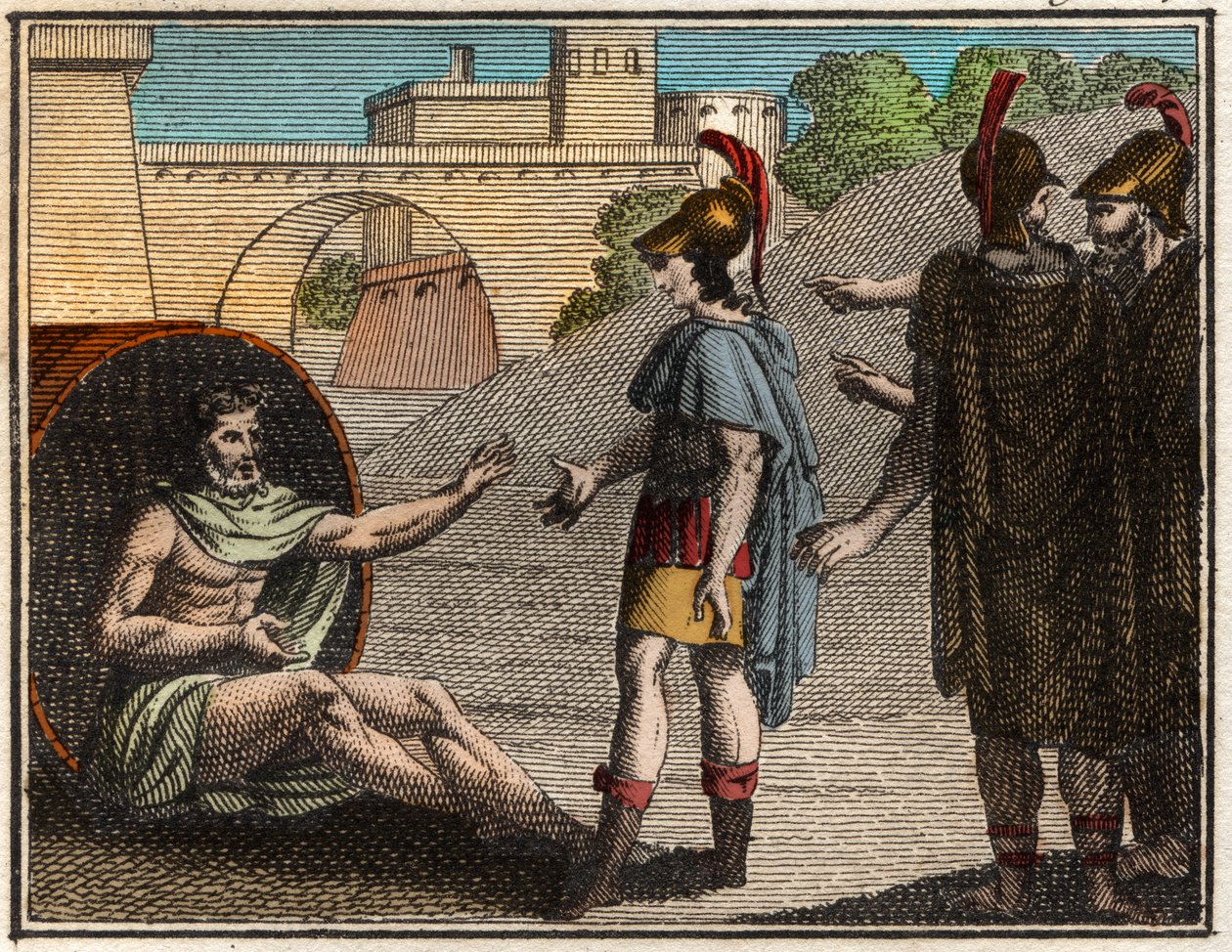 Alexandre le Grand (Alexandre III de Macédoine (356-323 av. J.-C.)) visitant Diogène de Sinope (vers 410-vers 320 av. J.-C.), philosophe cynique grec - French School
