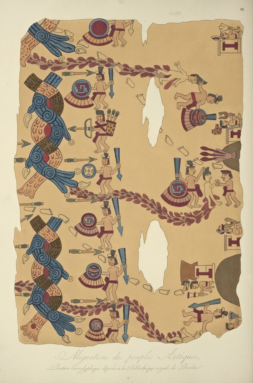 Migration des peuples aztèques, peinture hiéroglyphique conservée à la Bibliothèque Royale de Berlin, illustration de Vues des Cordillères et Monuments des Peuples Indigènes de l