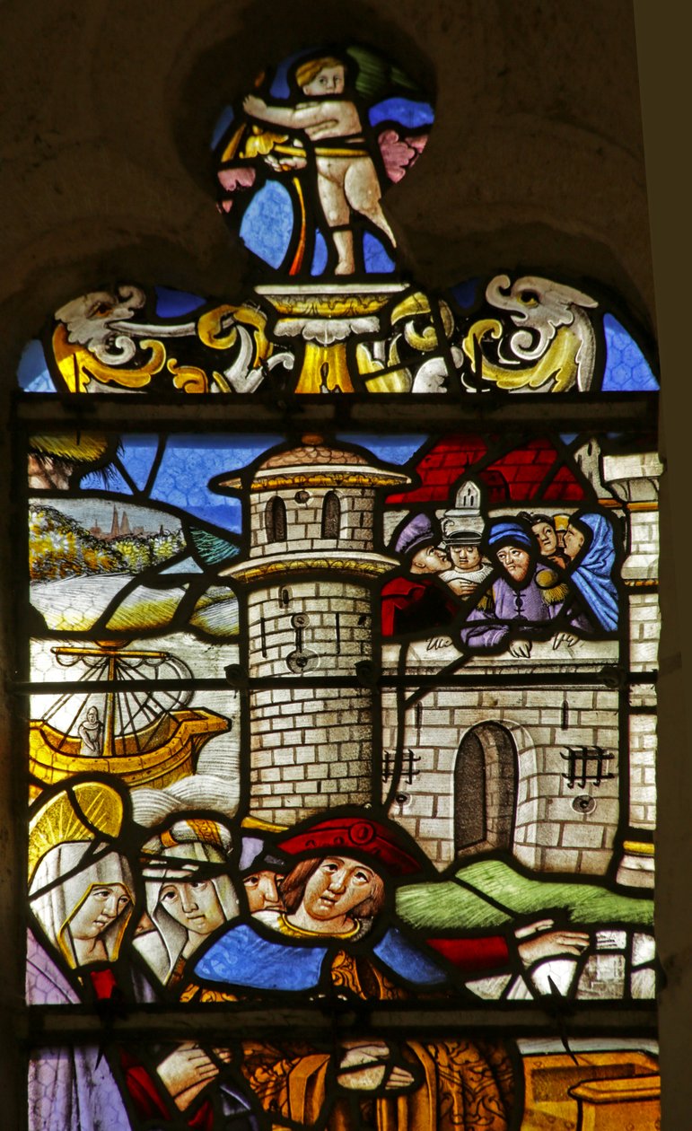 Vitrail représentant Sainte Marie-Madeleine : Comte et Comtesse de Provence avec le Saint - French School