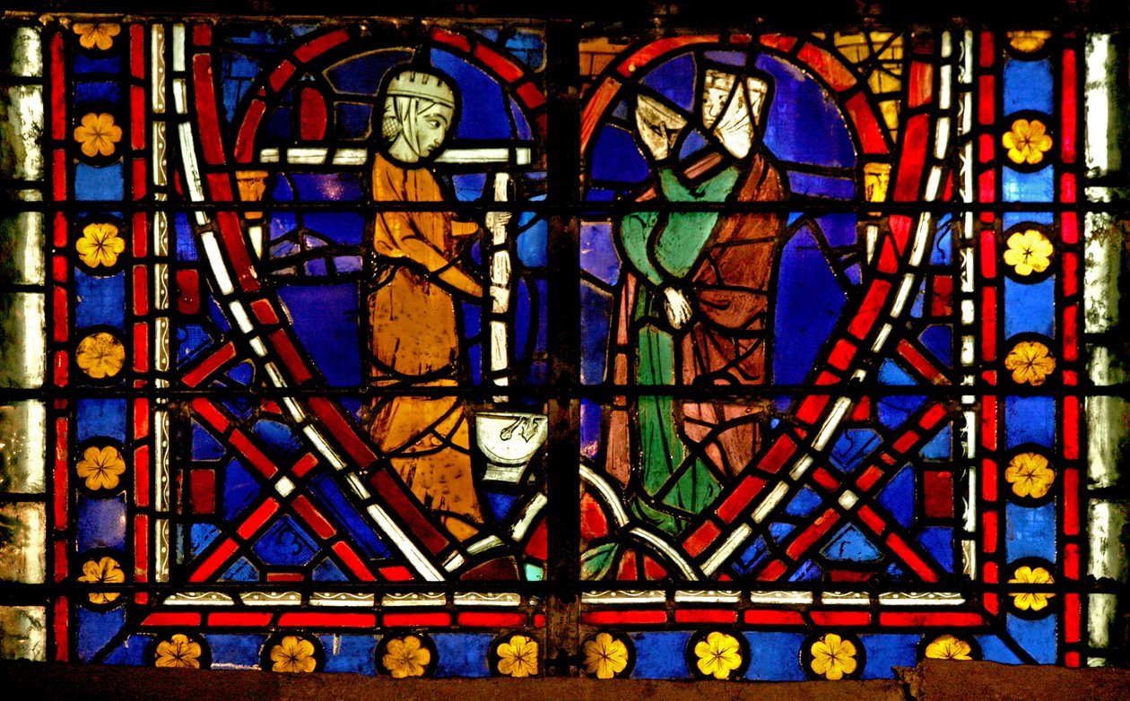 Vitrail représentant une scène de la vie de Saint Germain : la mère du saint tentant une fausse couche - French School
