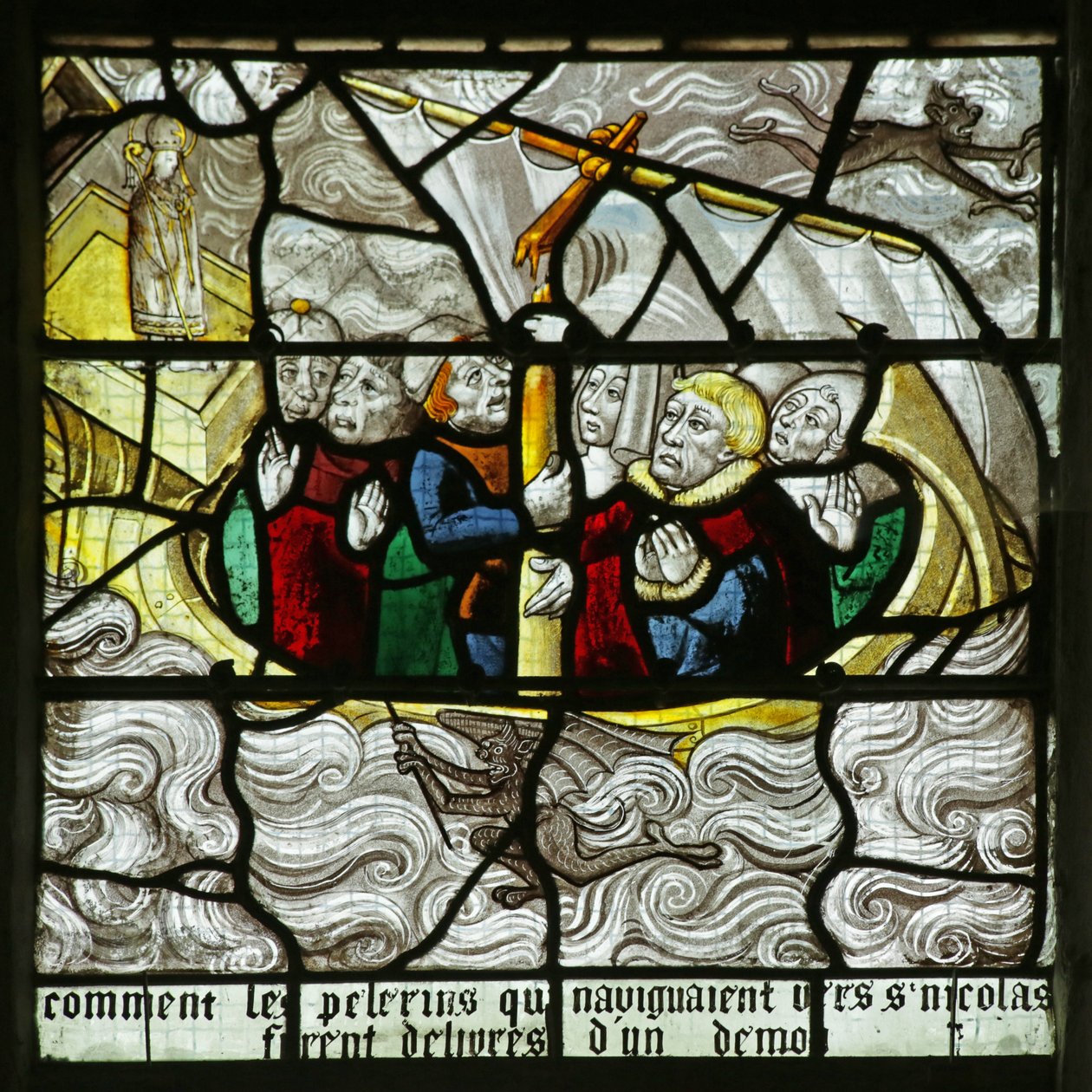 Vitrail représentant Saint Nicolas apparaissant et sauvant des voyageurs alors que leur navire coule - French School