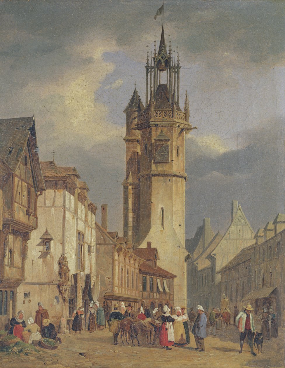 Scène de ville française avec un clocher - German School
