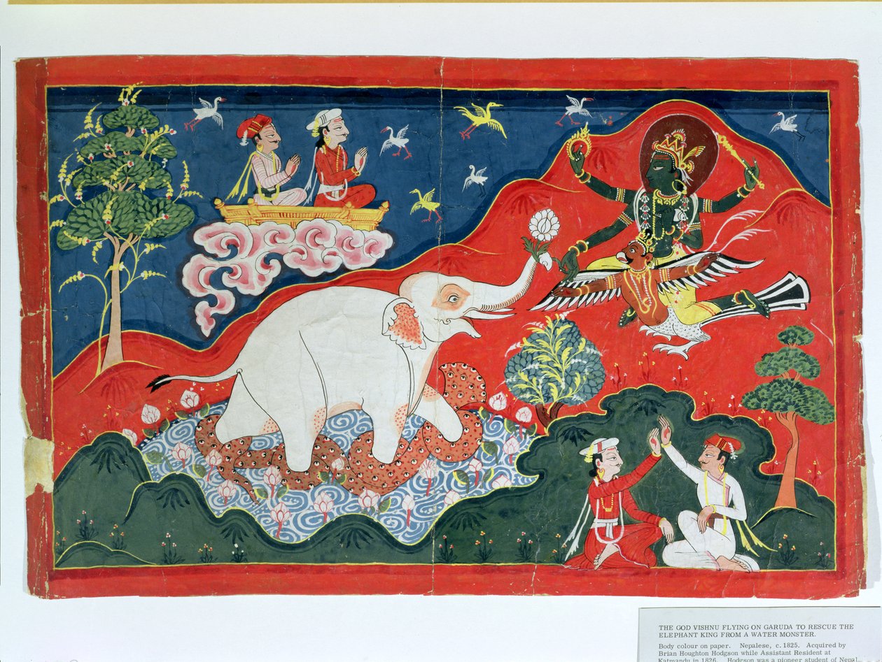 Le dieu Vishnu volant sur Garuda pour sauver le roi éléphant d