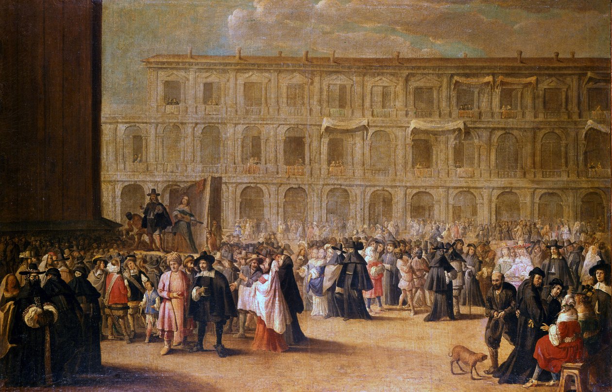 Acteurs devant une représentation de la place Saint-Marc - Italian School