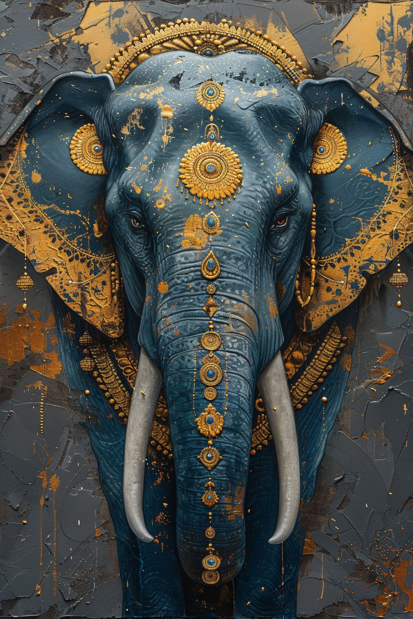 Peinture abstraite éléphant indien majestueux bleu pour décoration murale moderne - F. Abderrahim