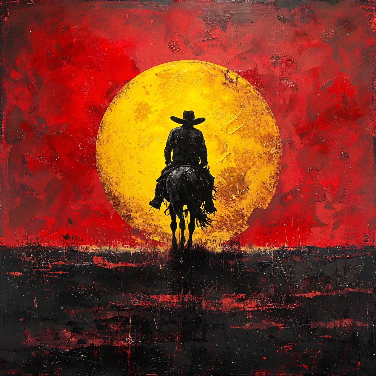 Affiche vintage de cowboy occidental et coucher de soleil pour décoration murale - F. Abderrahim