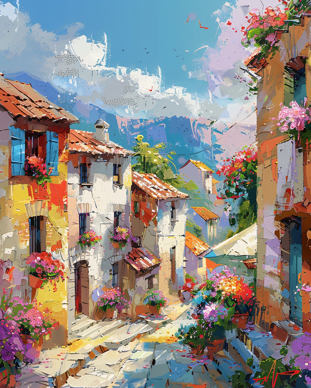 Peinture abstraite de maisons colorées dans une vieille ville traditionnelle - F. Abderrahim