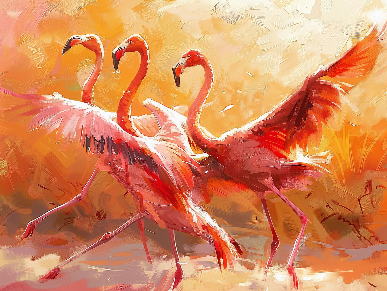 Peinture abstraite de flamants roses dansant - F. Abderrahim