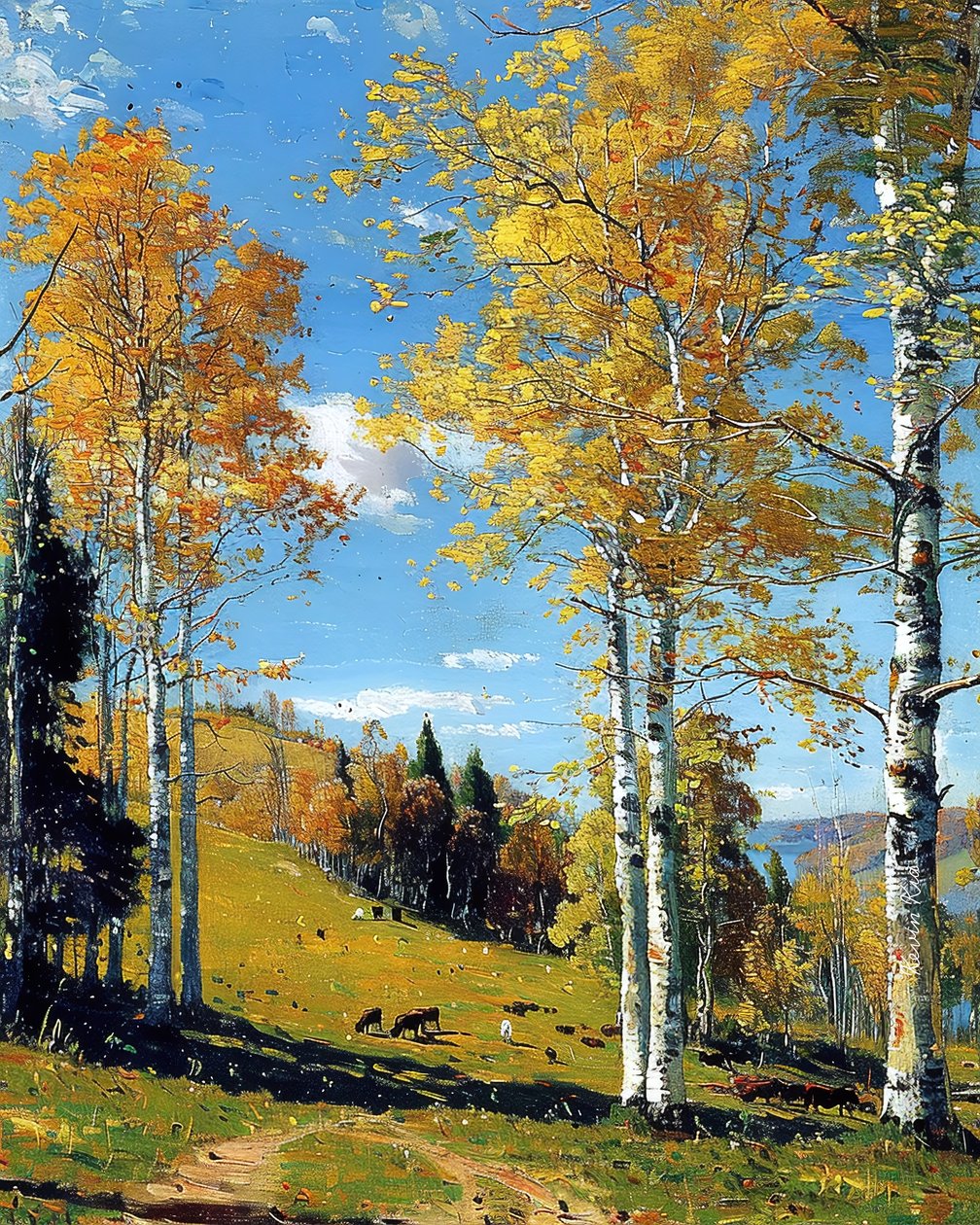 Paysage avec une forêt de bouleaux et un feuillage vibrant - F. Abderrahim