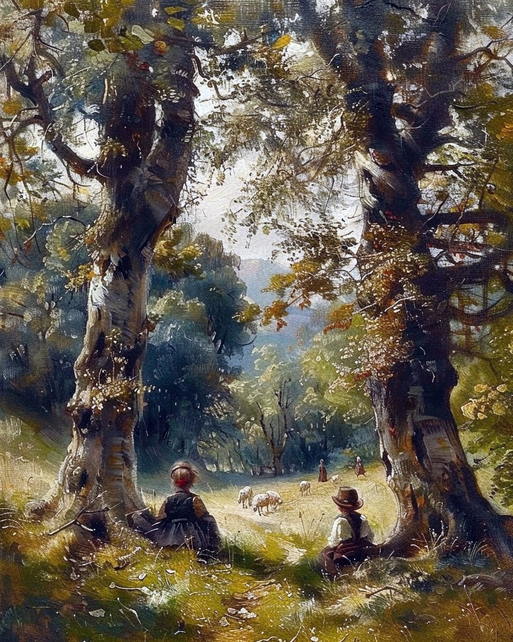 Enfants assis sous les arbres dans la forêt, décoration murale moderne - F. Abderrahim