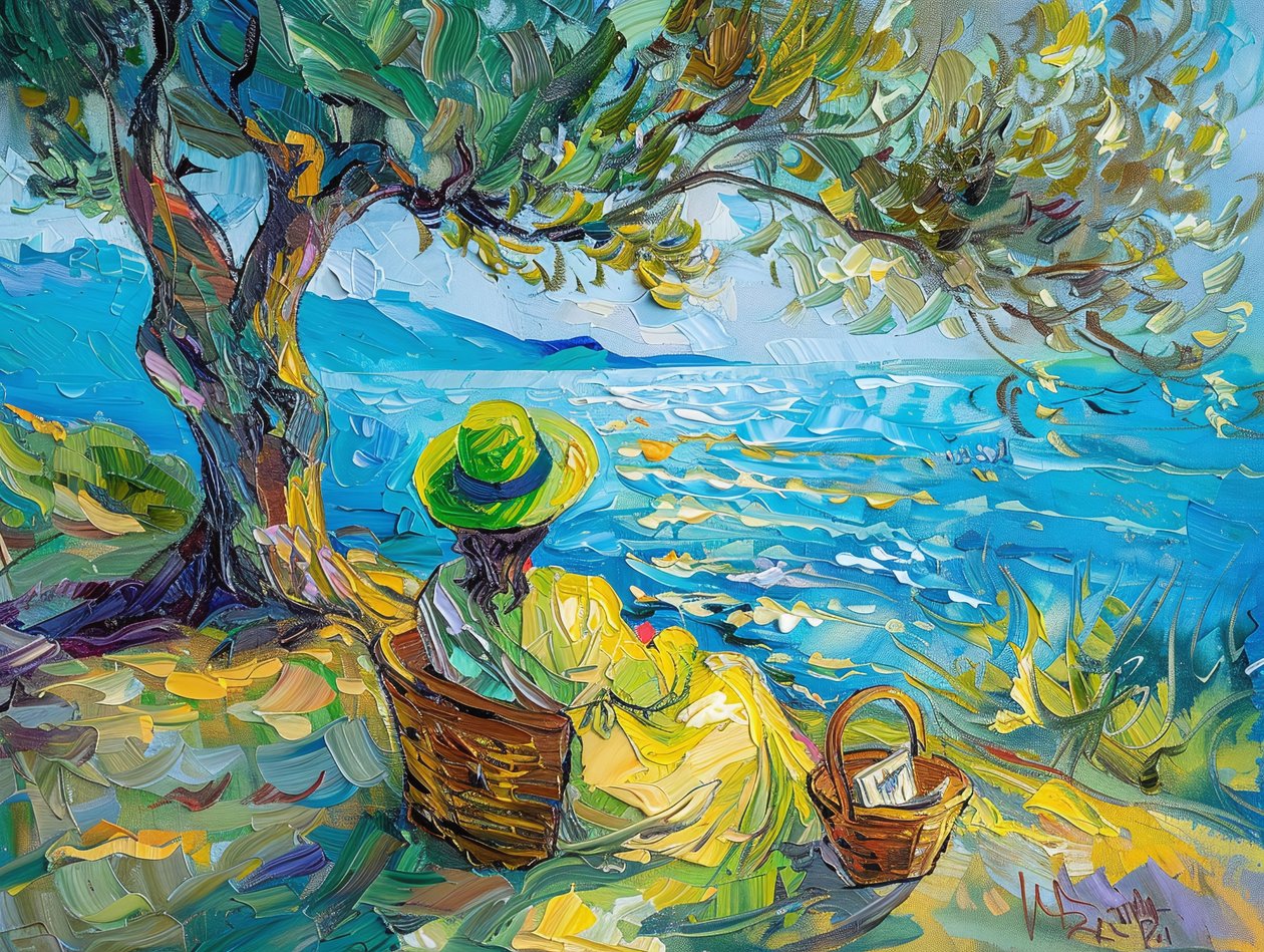 Peinture abstraite colorée : femme moderne avec vert et bleu - F. Abderrahim