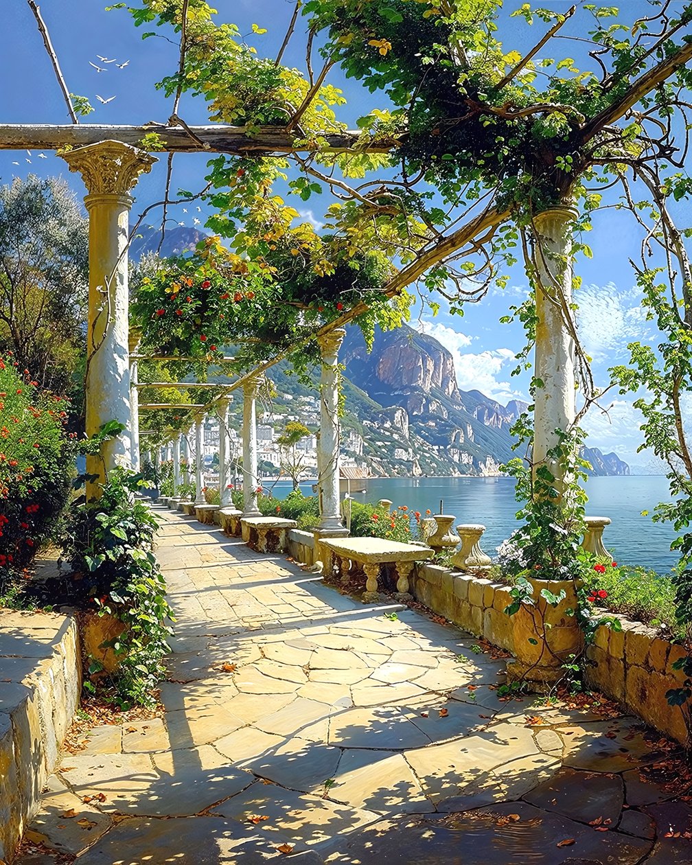 Un magnifique parc romain entouré par la nature au bord de la mer, idées de décoration murale - F. Abderrahim