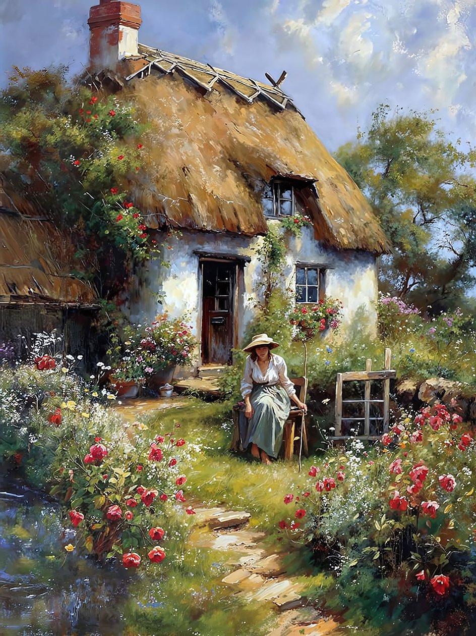 Une femme assise dans un jardin devant une cabane à la campagne - F. Abderrahim