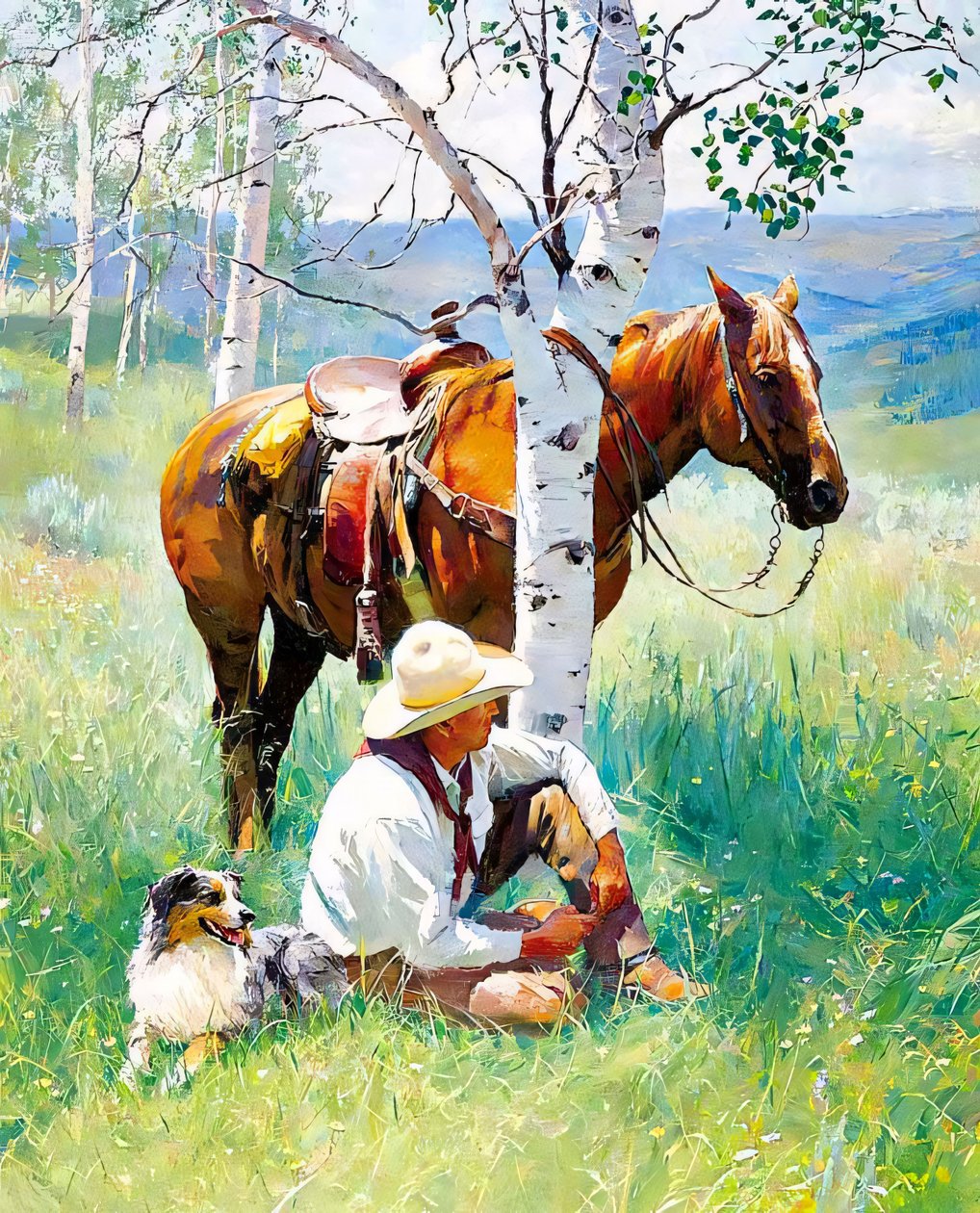 Un chevalier, son chien et son cheval se reposent sous un arbre, idées de décoration murale - F. Abderrahim