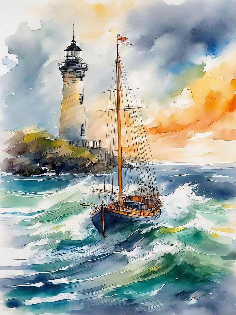Un phare, des vagues et un bateau dans les vagues de la mer Peinture, décoration murale moderne - F. Abderrahim