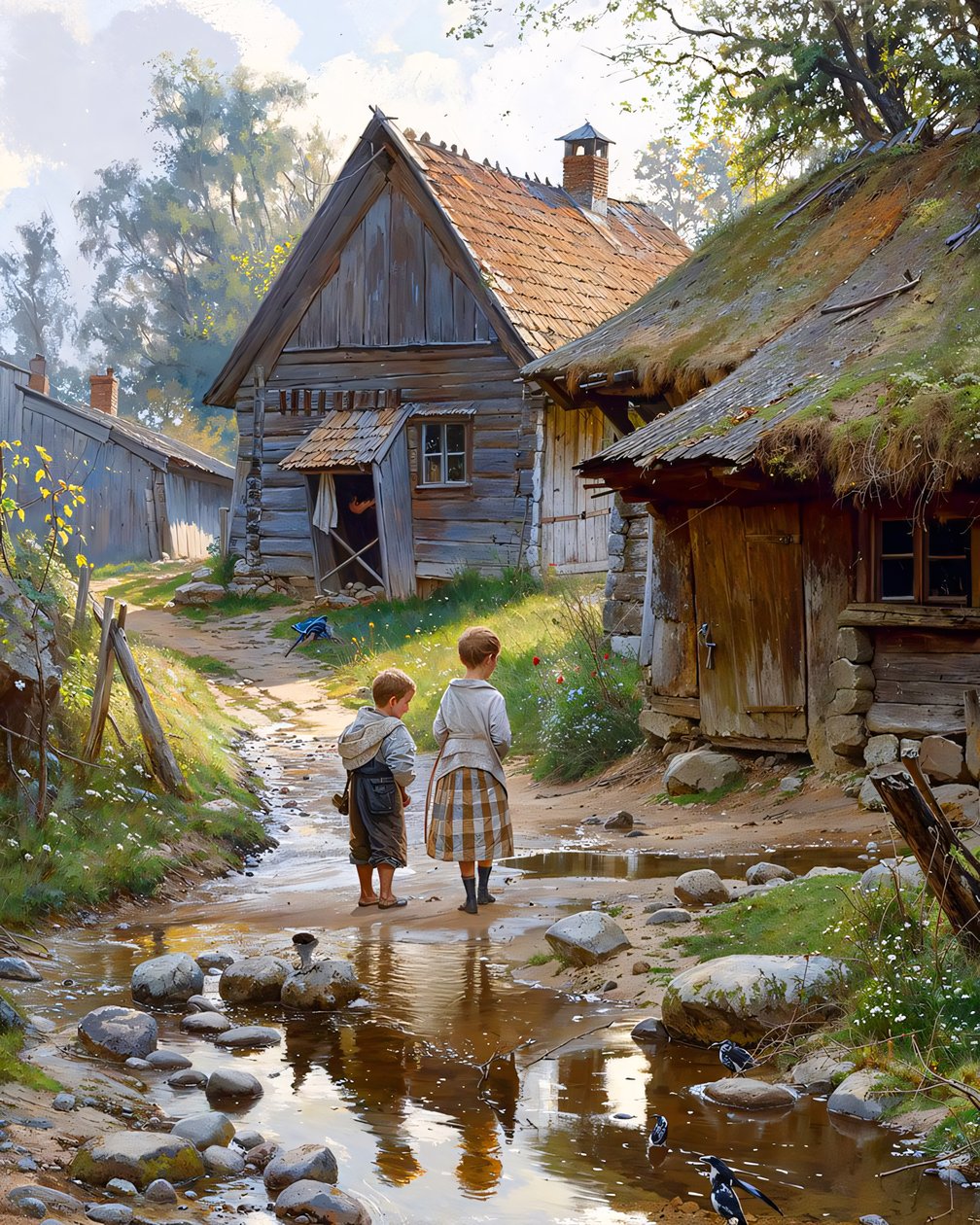 Vie rurale quotidienne. Rue du village, enfants devant une cabane en bois - F. Abderrahim