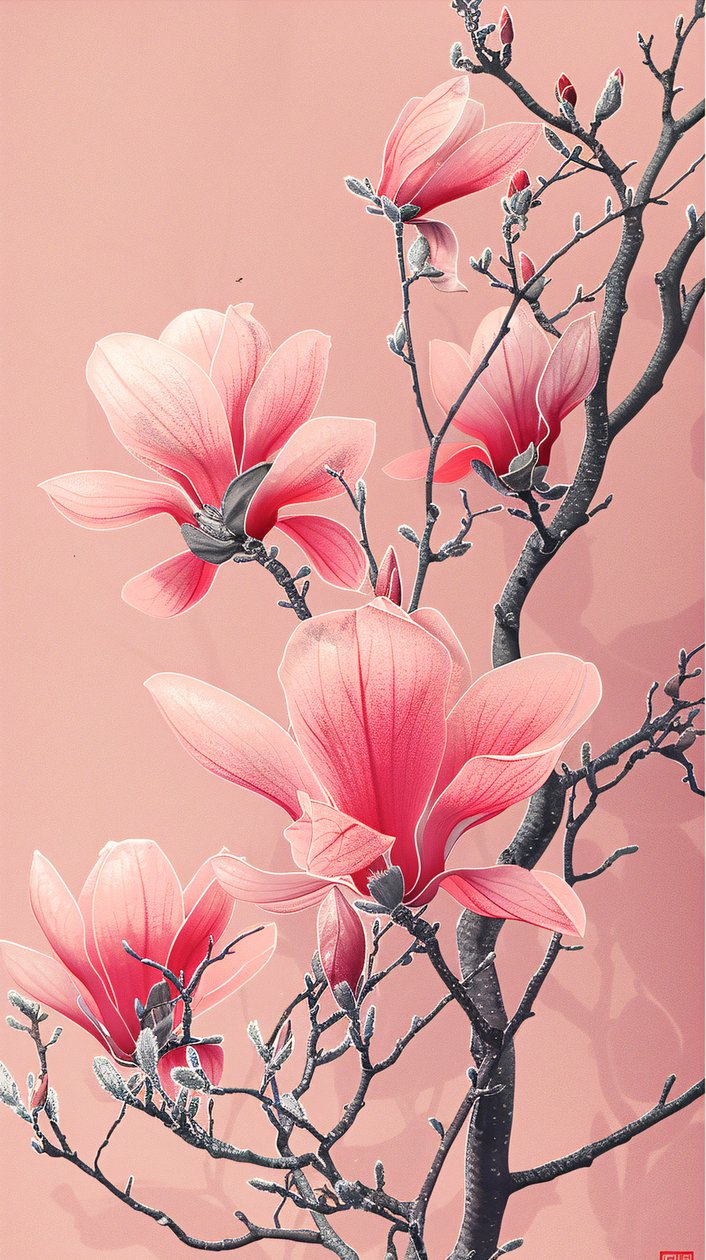 Peinture numérique de fleurs asiatiques roses poster pour décoration murale de chambre à coucher - F. Abderrahim
