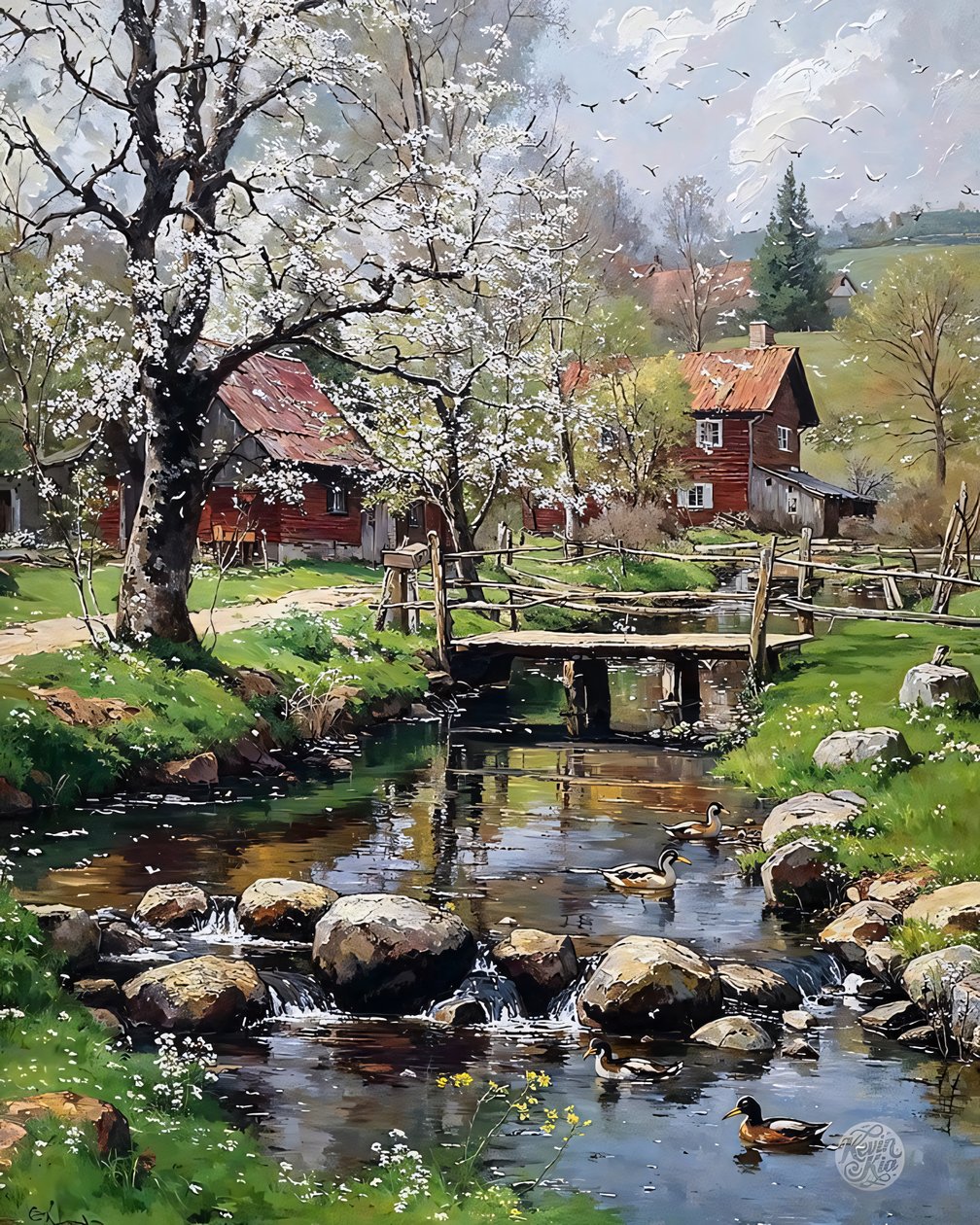 The Mill Cottage in Spring, huile sur toile, décoration murale encadrée - F. Abderrahim