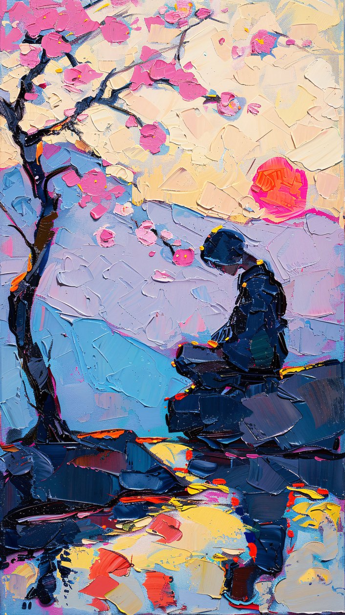 Femme méditant sous un arbre, peinture à l