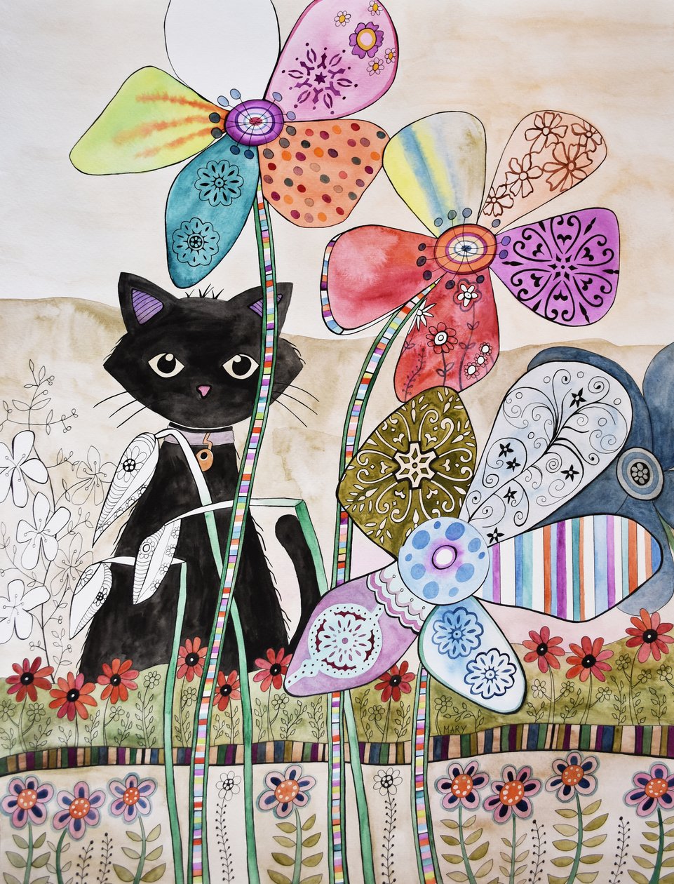 Chat derrière les fleurs - Marys Watercolors