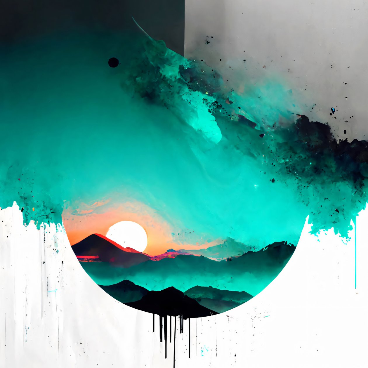 Abstract Minimalist Sunrise on White with Teal Accents, canvas print on demand - F. Abderrahim