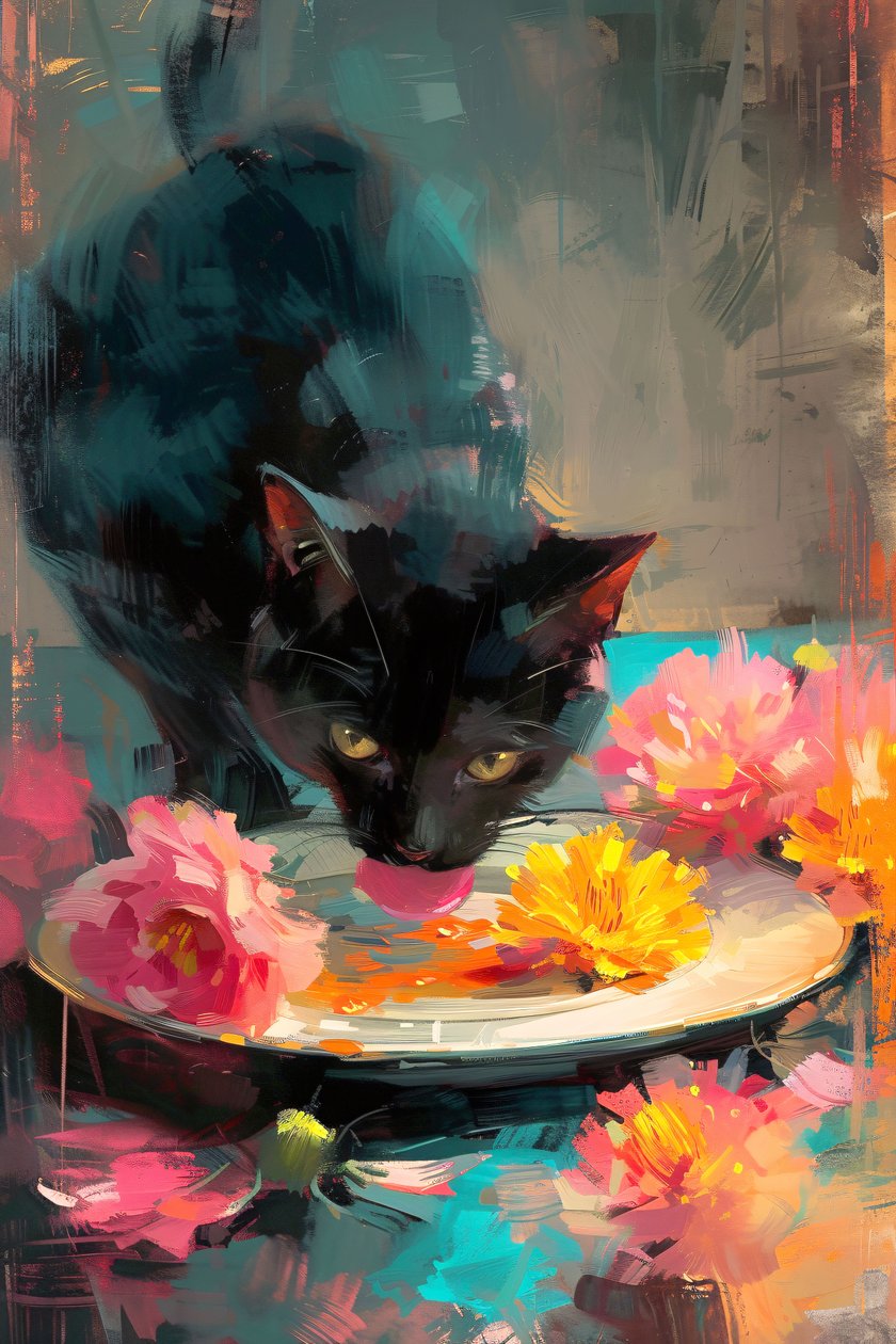 Chat noir dînant sur un plat de fleurs, peinture impressionniste, tirages d