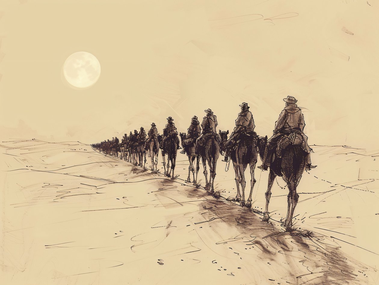 Desert Sun Procession Minimalist Single-Line Sketch, Wall Decor for sale - F. Abderrahim