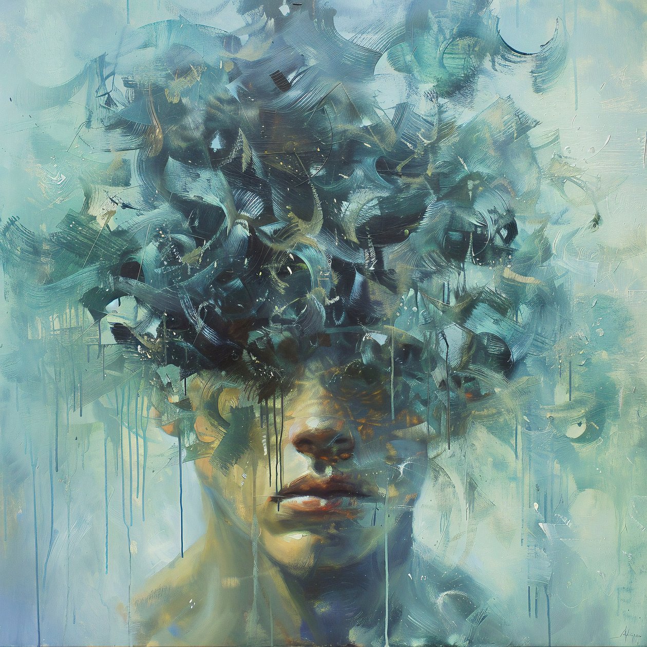Homme exprimant une profonde tristesse, Psychologie art painting, impressinist, online print canvas - F. Abderrahim