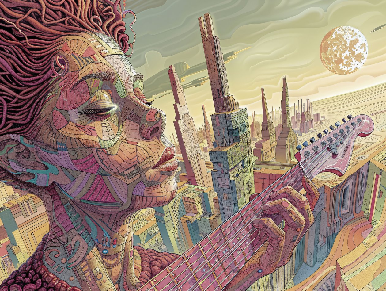 Jeune homme jouant de la musique dans une scène futuriste surréaliste, cadre de décoration murale. - F. Abderrahim